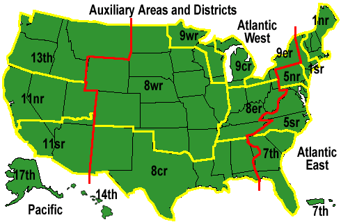 Map of USA showing Areas and Districts